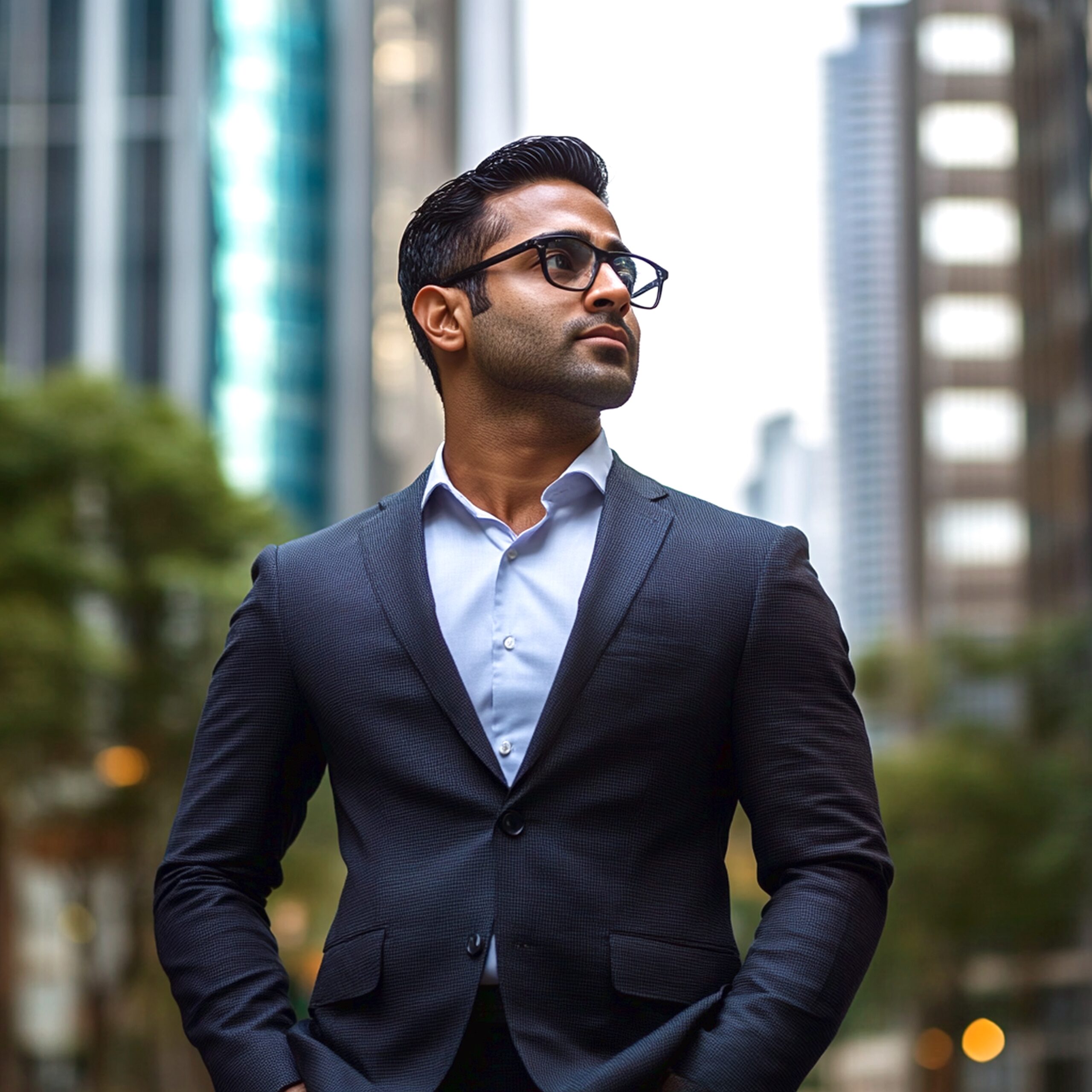 Confident rich business man standing in modern big city looking and dreaming of future business success